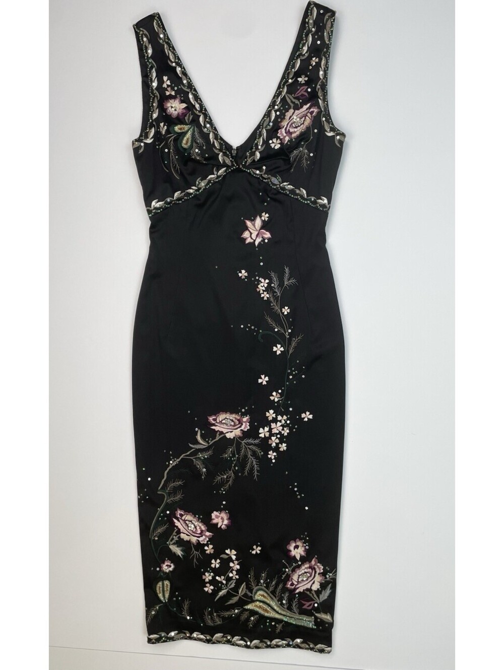 Vtg MANDALAY Dress Black Satin Floral Embroidered Beaded Sequin Y2K Cocktail